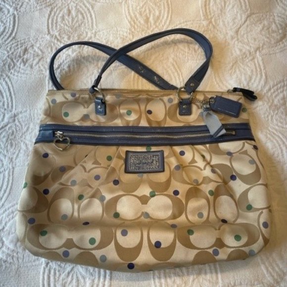 COACH Limited Edition Daisy Dot Print Large Tote Bag Tan Blue Heart EUC - Picture 1 of 7